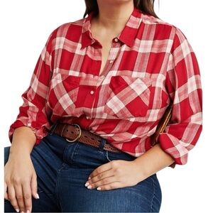 Lucky Brand Pleat Back Plaid Button down shirt, casual, cotton blend Sz L Red